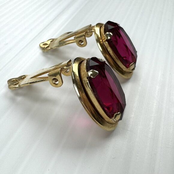 Vintage Pink Oval Rhinestone Clip On Earrings Prong Set Estate - Picture 2 of 8
